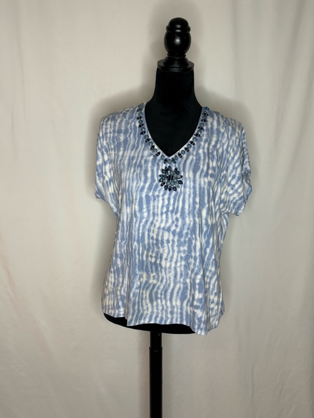 Ruby Rd. Light Blue and White Tie-Dye V-Neck Top with Beaded Accent